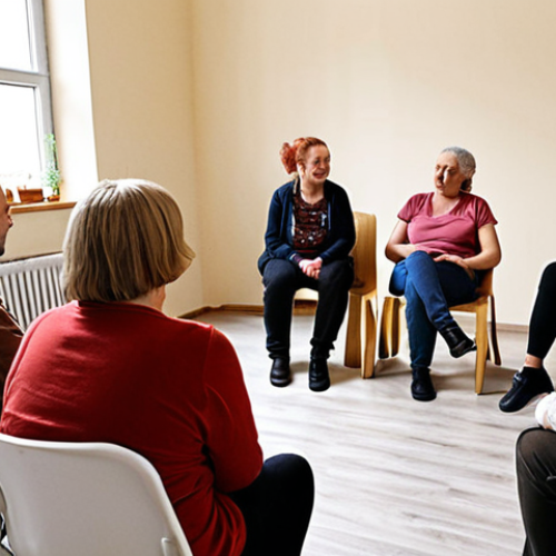 **

Prompt: A diverse support group meeting in a bright, modern community center in Poland. People are sitting in a circle, some are talking and others are actively listening. The atmosphere is empathetic and hopeful. Soft, natural lighting. Focus on capturing the feeling of community and shared experience. Polish signage visible in the background, possibly indicating "Grupa Wsparcia" (Support Group).

**