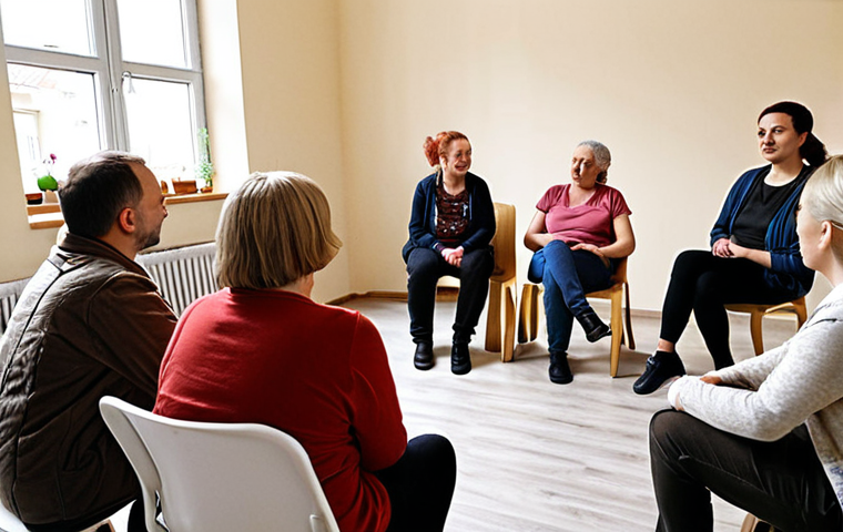 **

Prompt: A diverse support group meeting in a bright, modern community center in Poland. People are sitting in a circle, some are talking and others are actively listening. The atmosphere is empathetic and hopeful. Soft, natural lighting. Focus on capturing the feeling of community and shared experience. Polish signage visible in the background, possibly indicating "Grupa Wsparcia" (Support Group).

**